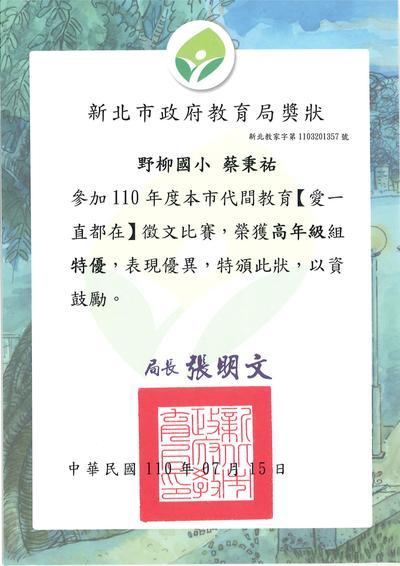 蔡秉祐-高年級特優獎狀